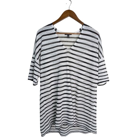Eileen Fisher Organic Linen Crepe Striped V Neck Tee Top Medium Black White - Picture 1 of 10